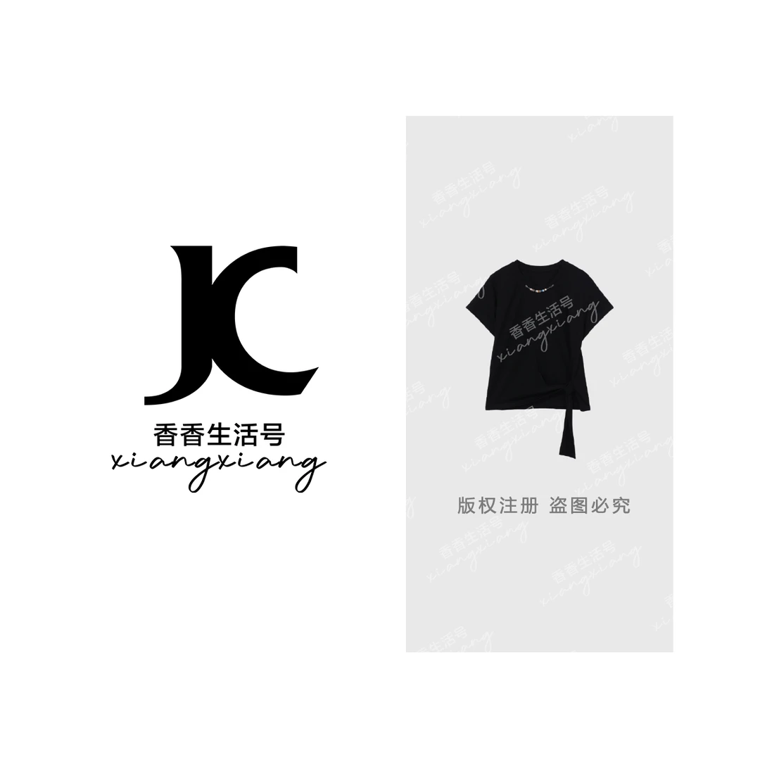【香香严选】2025夏季新新款串珠装饰腰间系带设计感时尚T恤-25233