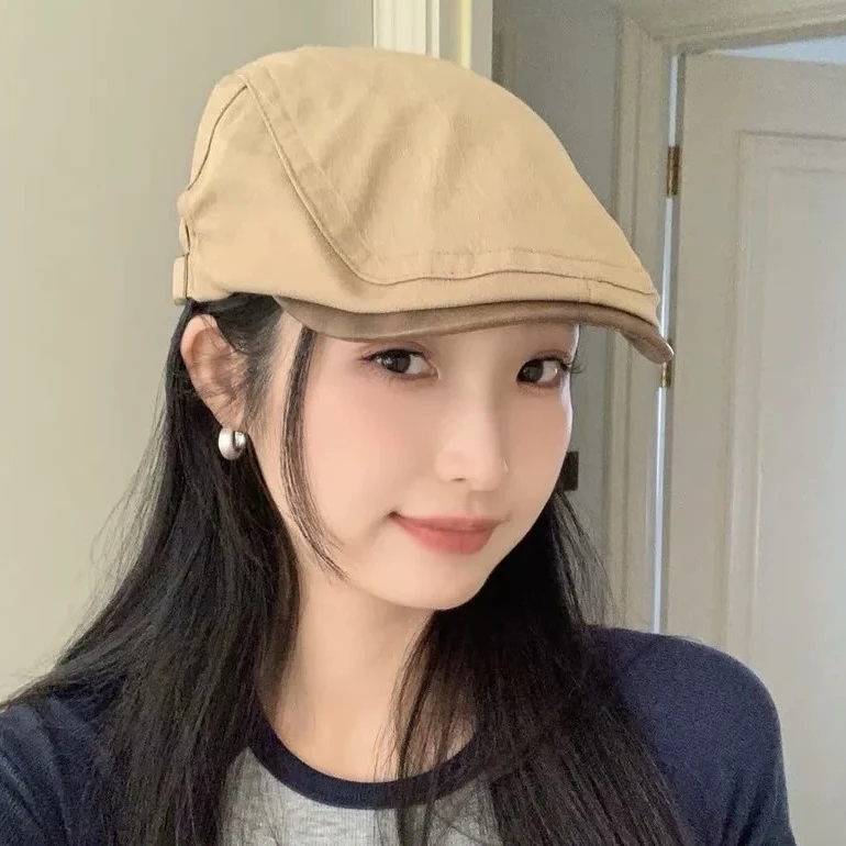 皮檐拼接港风新款雅痞反戴贝雷帽女夏季薄款复古时尚休闲帽子