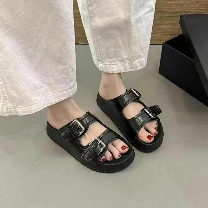 法式时尚休闲沙滩鞋增高凉鞋黑色网红沙滩鞋露趾学生女鞋外穿