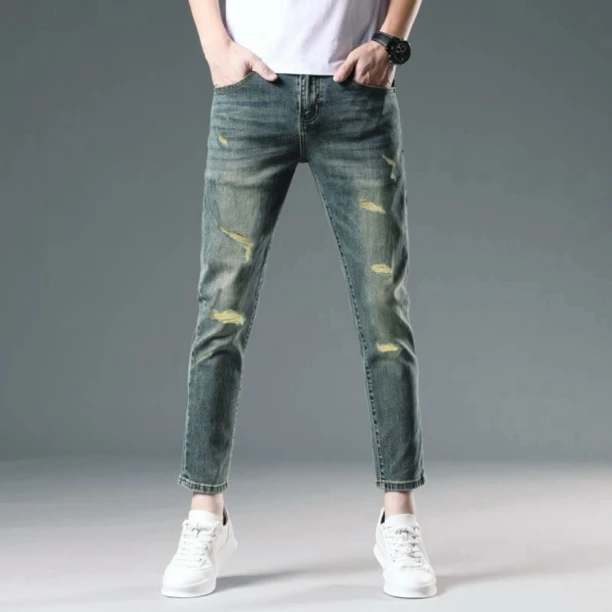 【高定潮品】夏季薄款复古蓝蓝A151真洞破修身小脚潮流百搭弹力男