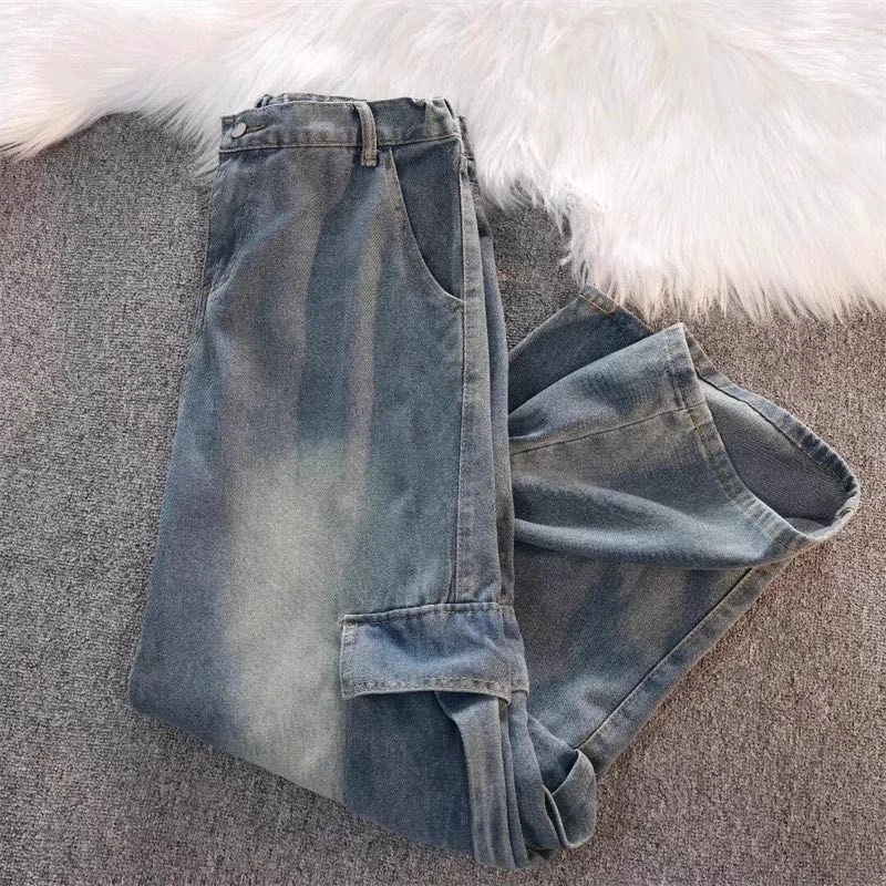 长裤高腰水洗男低腰港风多口袋牛仔裤直筒宽松复古