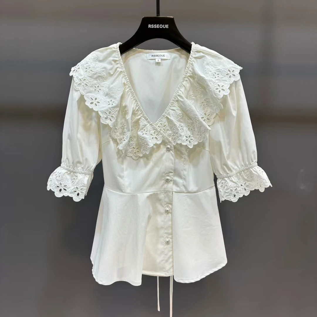 法式复古蕾丝拼接V领短袖衬衫女2025春季新款设计感小众洋气上衣