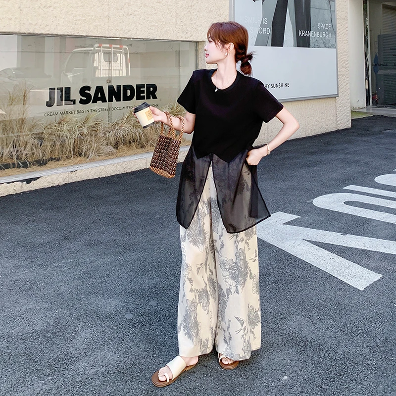 气质端庄T恤拼接网纱黑色上衣套装女2025夏轻国风印花长裤两件套