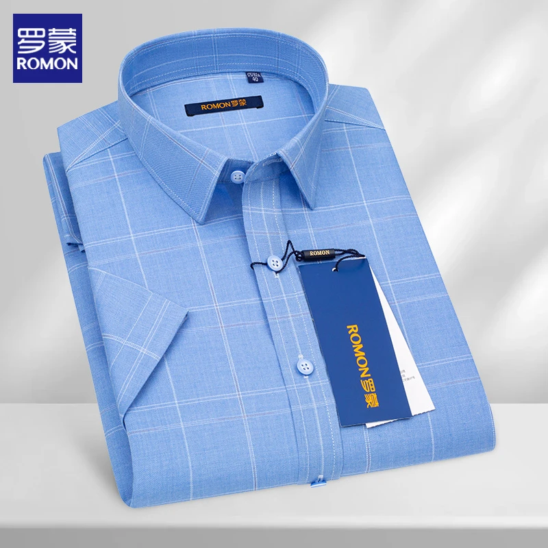 罗蒙2025新款爆款男士夏季短袖格子衬衫抗皱休闲男装职业装衬衣棉
