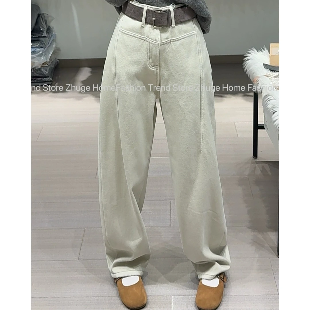 3159-高腰加厚弯刀牛仔裤女欧货2024冬季新款复合绒宽松