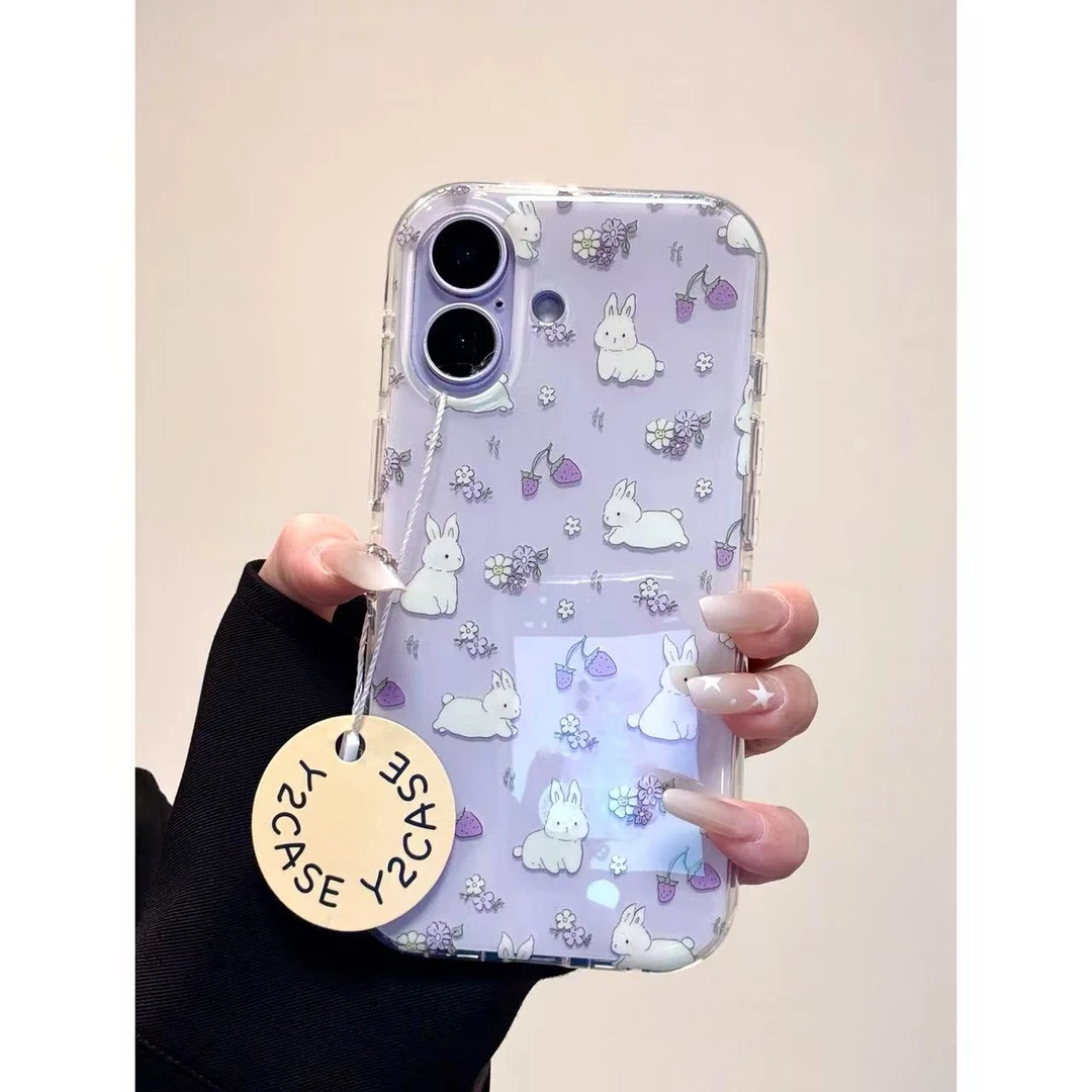 紫色小草莓兔子立体手机壳适用苹果17promax/16可爱俏皮包相机键
