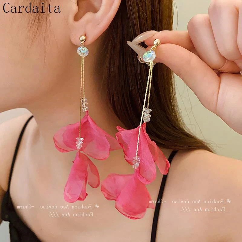 铜合金锆石耳饰 银针花朵网纱耳环度假风甜美夸张耳坠时尚氛围感i