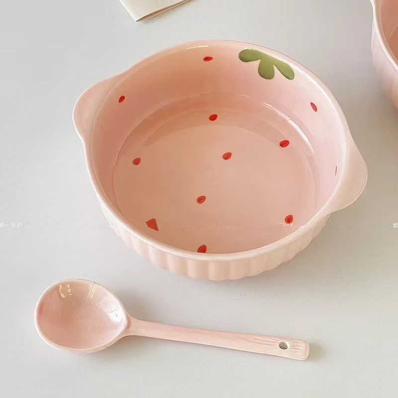 【1碗1勺】奶油粉草莓7.5英寸双耳陶瓷面碗勺沙拉碗学生家用饭碗