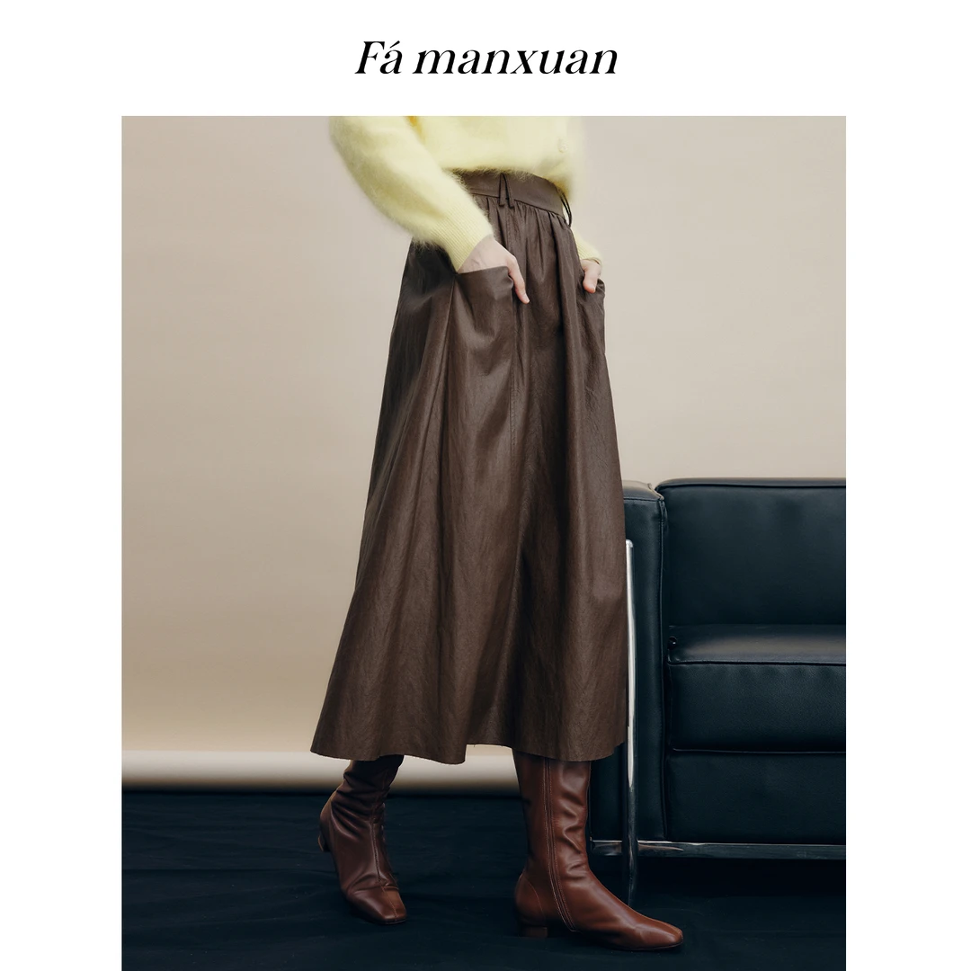 【安迪专享】法曼萱肌理感皮裙半身裙女2025冬摩卡慕斯气质a字伞裙