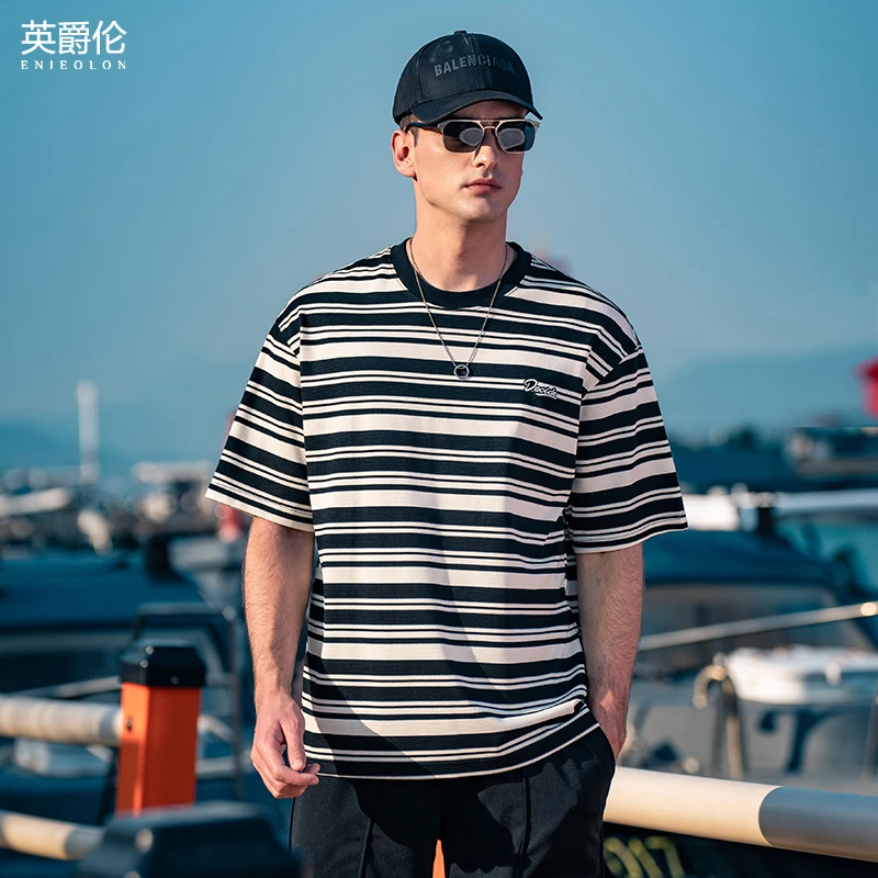 美式条纹落肩 短袖t恤夏季男士 微阔宽松海魂衫五分袖体恤TX242