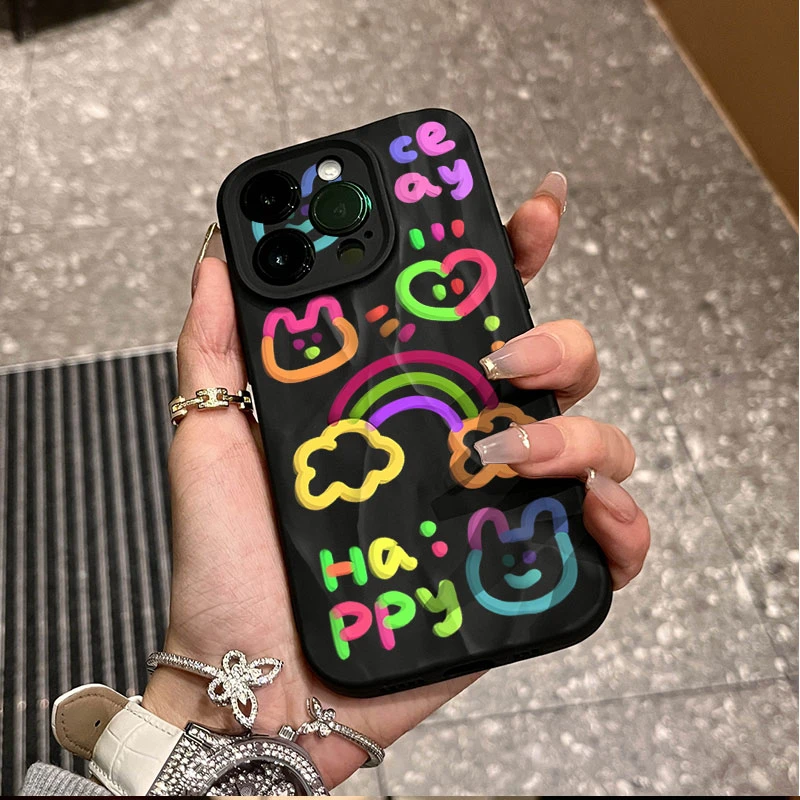 彩虹卡通适用iphone16苹果15pro手机壳14plus褶皱13磨砂12软11