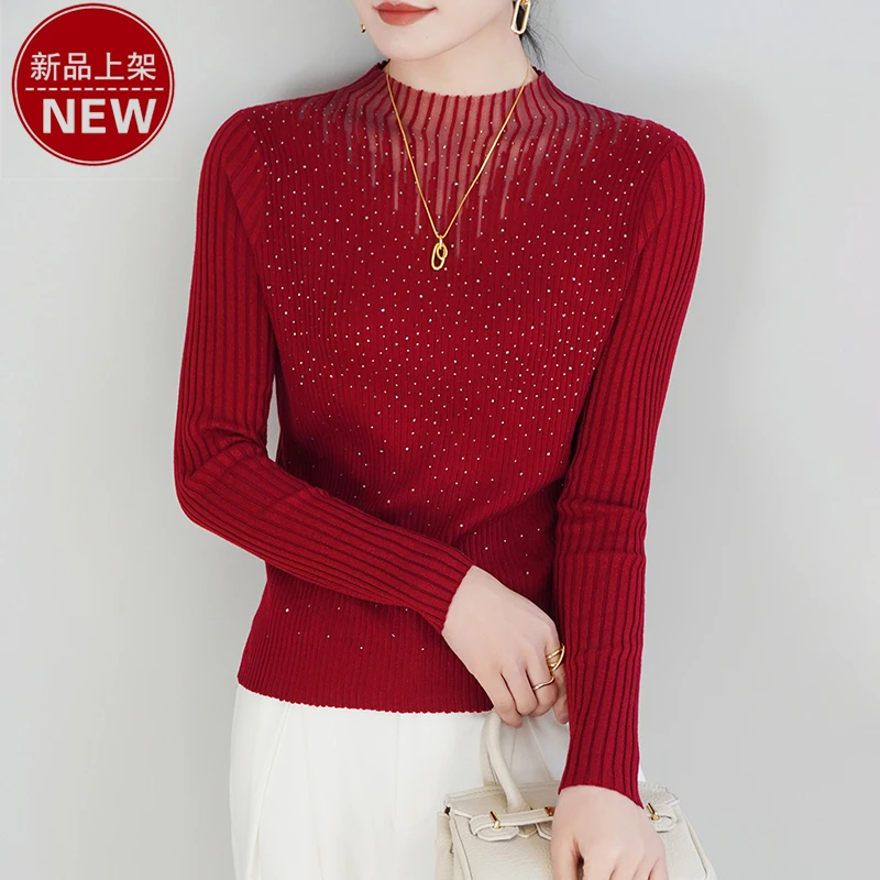2024新款前身烫钻网纱领口套头长袖时尚半高领修身百搭休闲针织衫