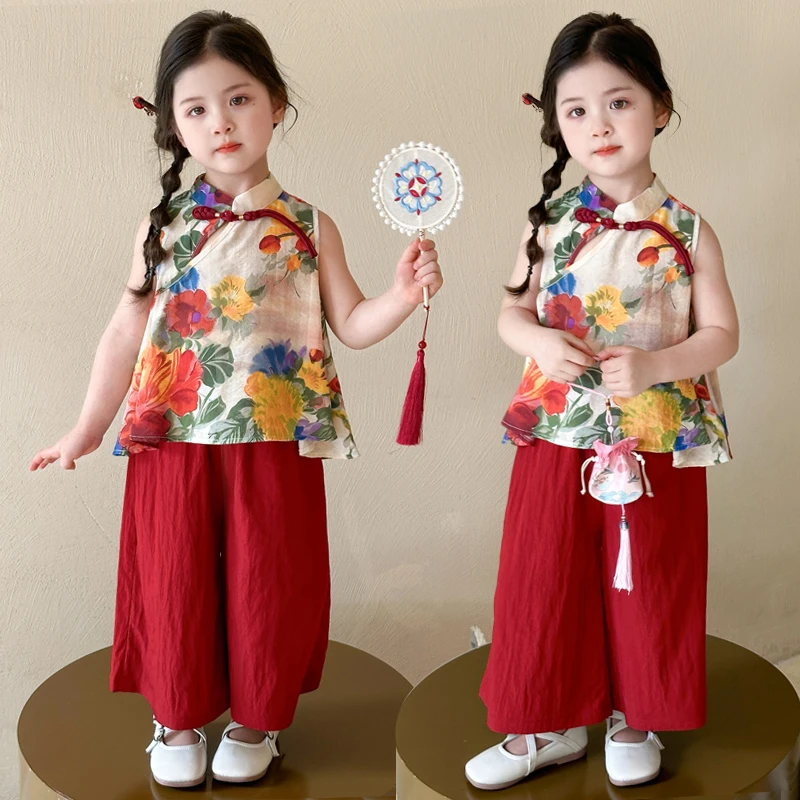 女童国风套装夏季2025新款儿童新中式盘扣无袖洋气夏款女宝两件套