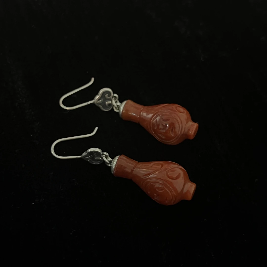 925银耳饰 <大头姐>E25687 红色雕刻花纹宝瓶如意耳环