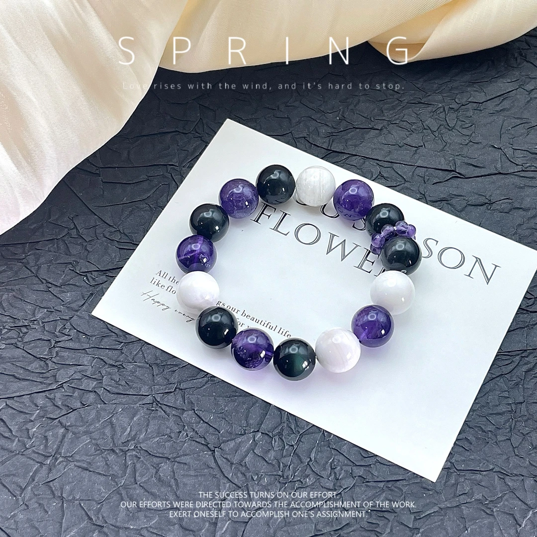 天然 卡12咪 雪花幽灵 乌拉圭紫水晶 黑曜石 跑环 原创手串