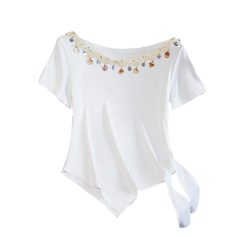 2025夏季新款女装时尚修身不对称系带短袖一字领T恤T52X2251T