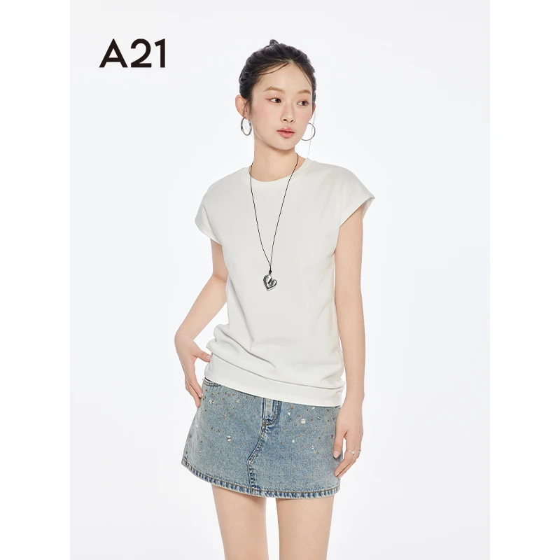A21女装针织宽松圆领套头短袖T恤休闲简约上衣F452231008