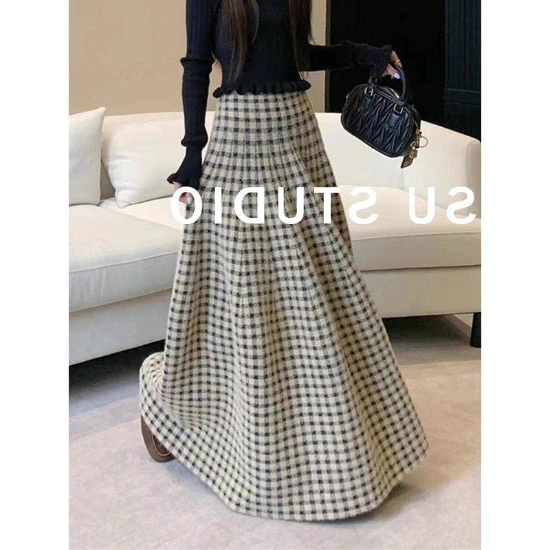 复古格纹高腰a字半身裙女秋冬季新款显瘦垂坠感百搭大摆长裙子