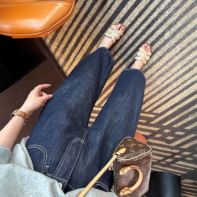 小个子神裤~深蓝色显瘦弧形牛仔裤女夏季新款梨型宽松阔腿九分裤