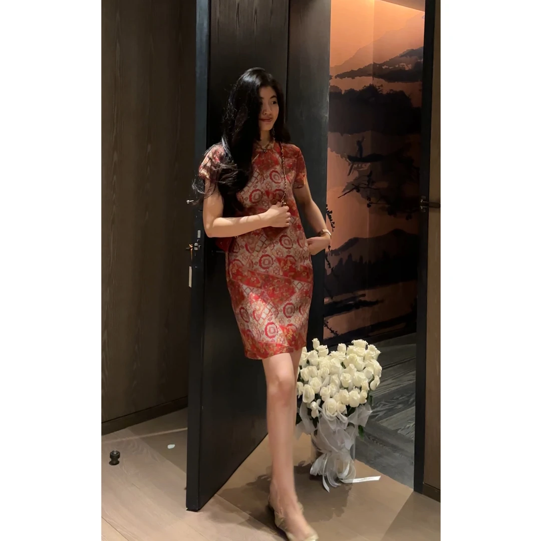 N.COU妮蔻25夏新款新中式国风复古轻奢香云纱提花连衣裙女DY22826