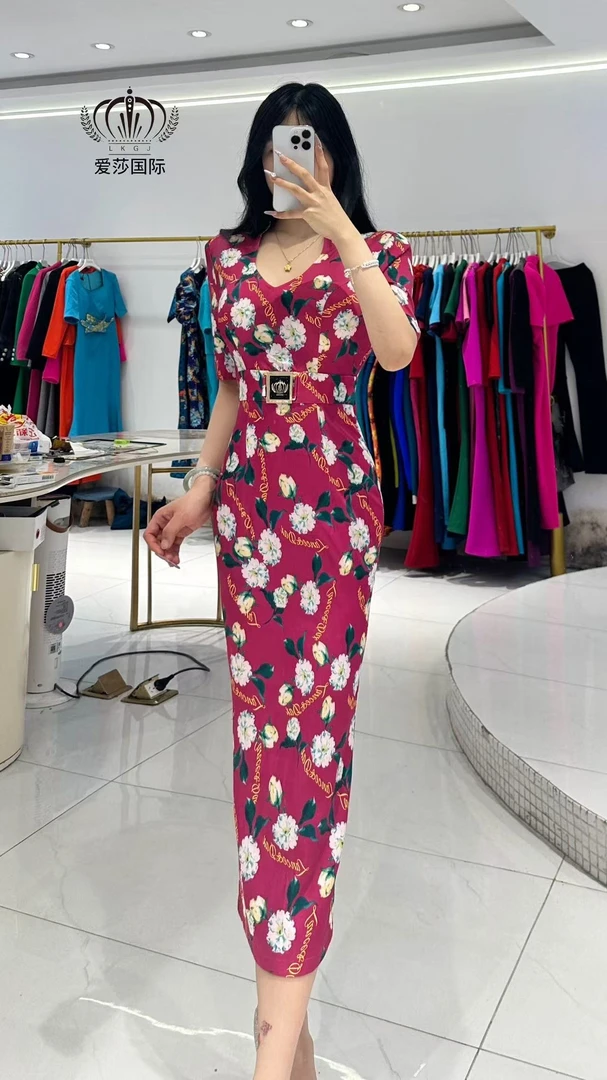 SHABA/莎芭高定美拉德风定制不规则裙碎花连衣裙复古修身红色花色