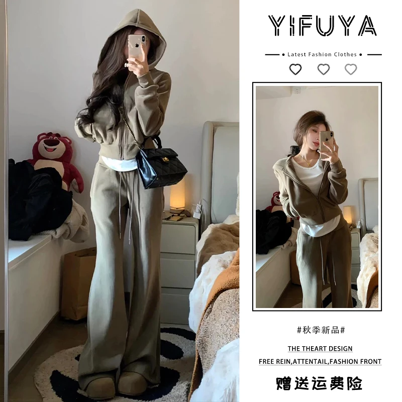 小个子连帽卫衣短款运动套装女春秋款高级感休闲时尚阔腿裤两件套