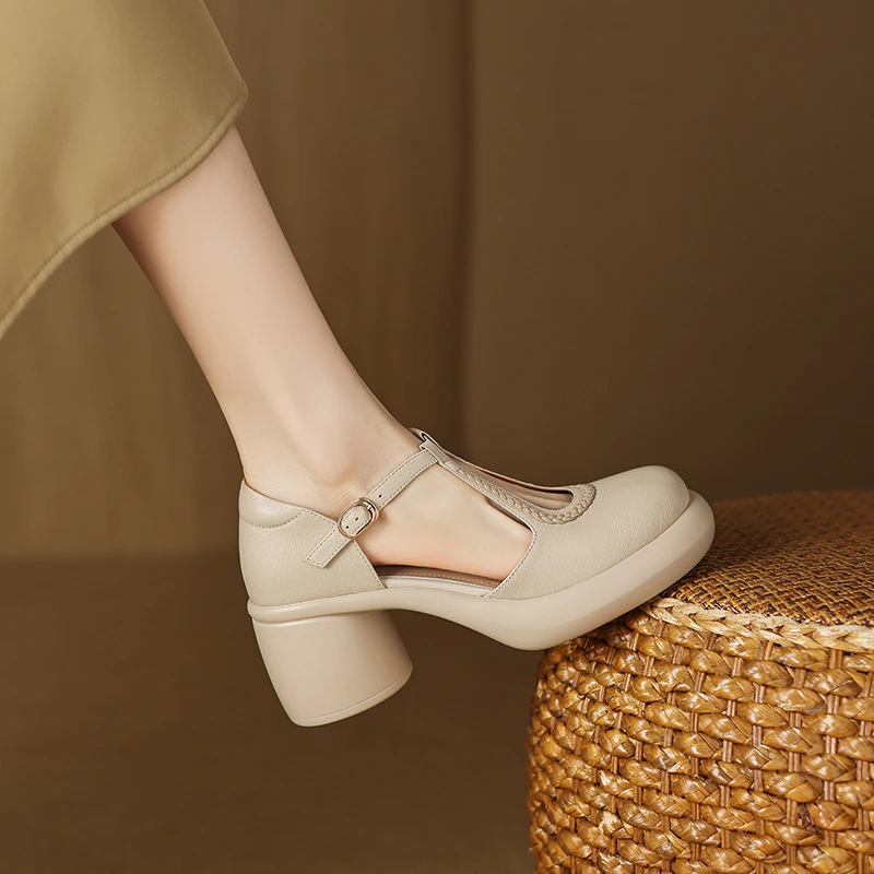 羊皮7厘米 34-40法式粗跟厚底方头浅口圆头仙女风一字带凉鞋