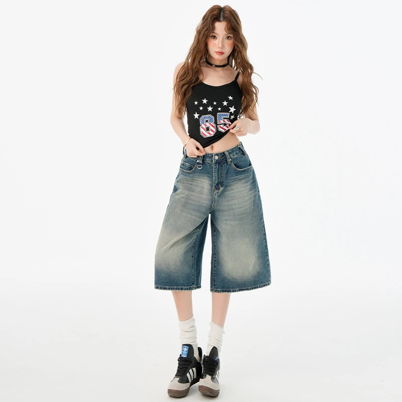 美式复古水洗做旧七分牛仔裤2025新款阔腿慵懒风显瘦直筒中裤