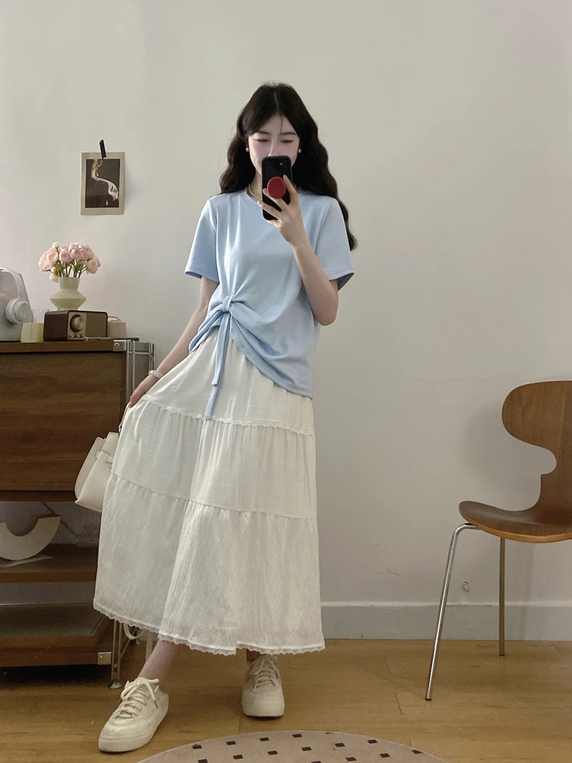 大码女装胖mm夏季新款收腰显瘦花边蛋糕裙+蝴蝶结宽松T恤两件套女