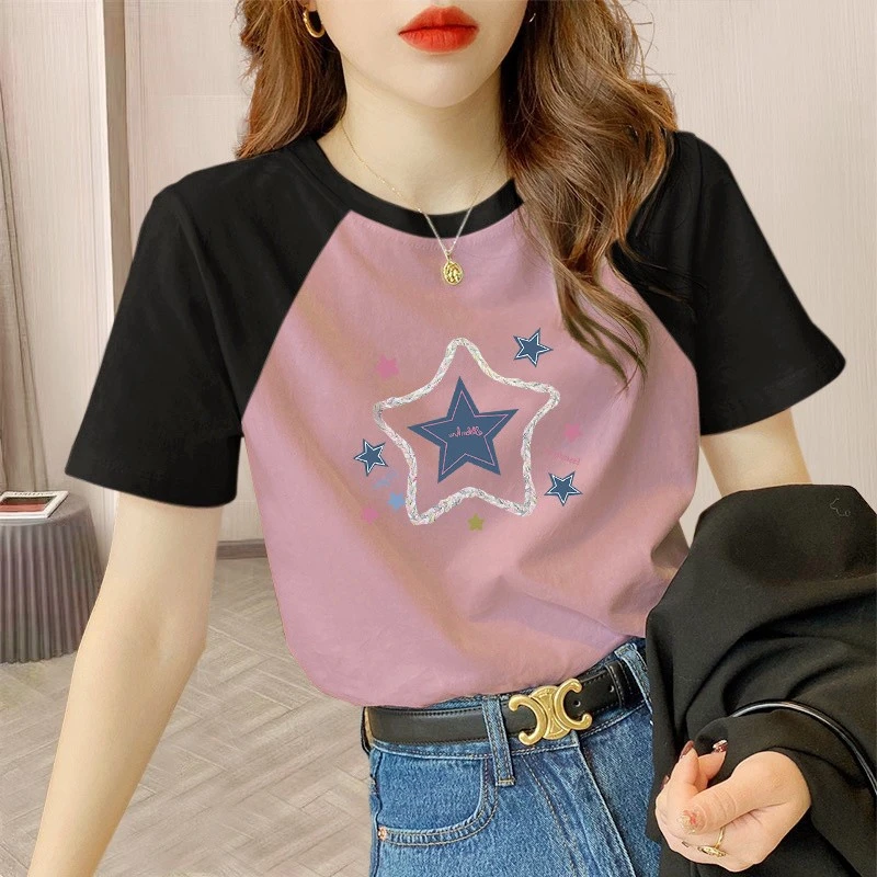 美式复古撞色正肩短袖t恤女夏季2025新款小众设计感插肩袖上衣潮