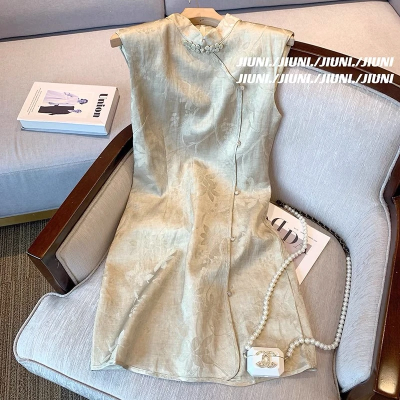 新中式国风盘扣提花改良旗袍裙女夏复古收腰缎面包臀气质连衣裙子