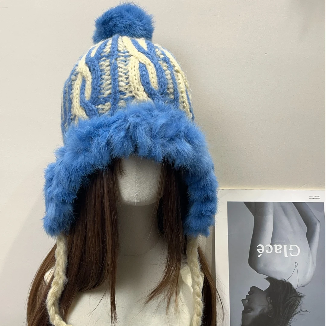 复古禾木雪乡兔毛雷锋帽女冬季保暖哈尔滨显脸小护耳毛球帽子