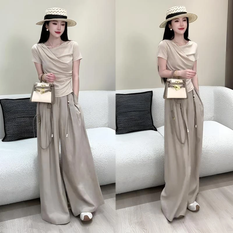 韩系搭配一整套女2025新款时尚洋气短袖T恤上衣高腰阔腿裤两件套