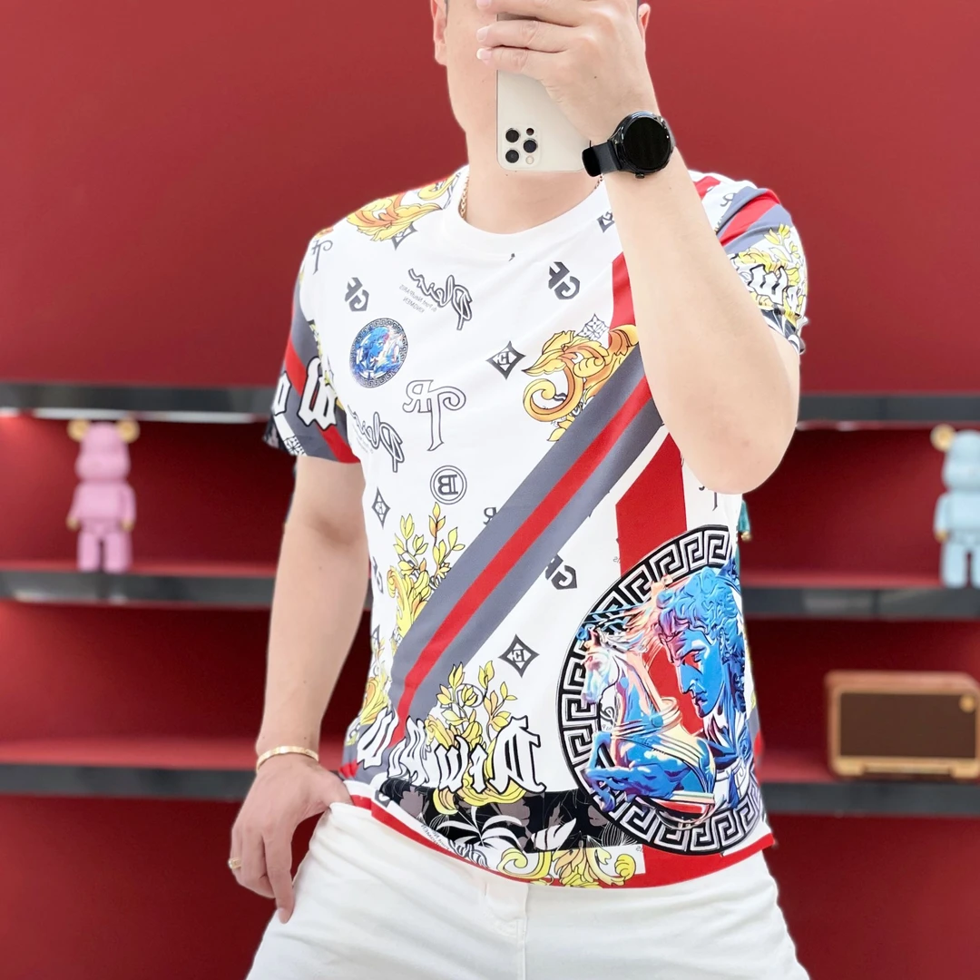 2025夏季新款印花男士潮流上衣圆领短袖修身百搭休闲个性短袖