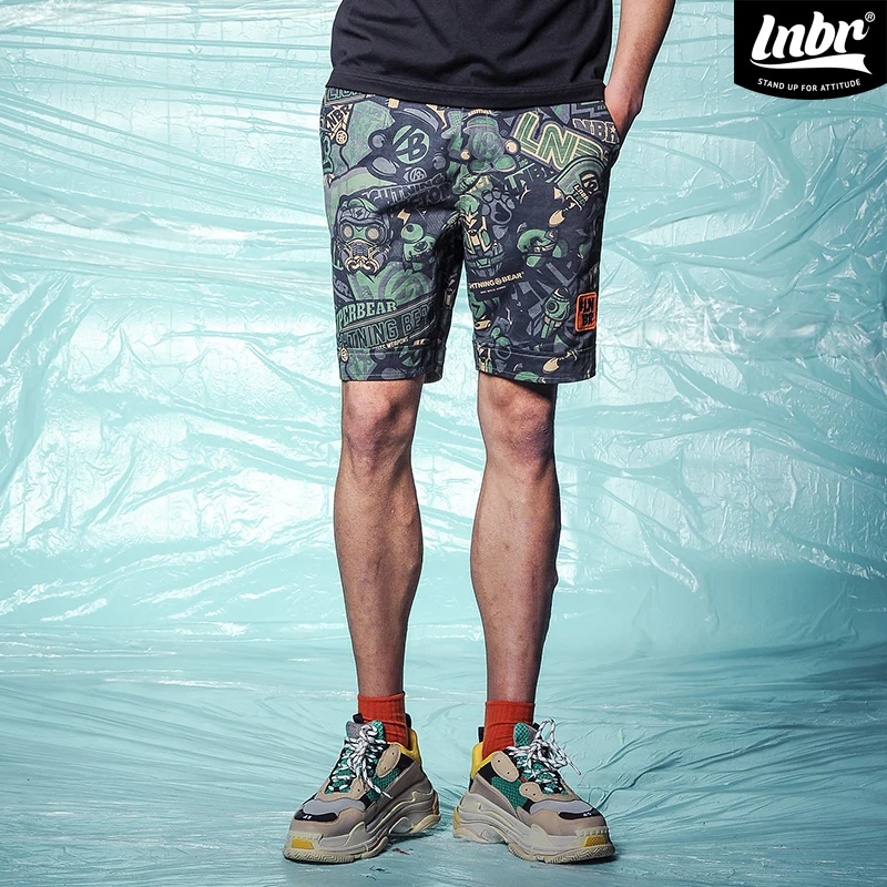 LNBR薄款工装短裤满印漫画休闲短裤宽松潮流五分裤战术裤男