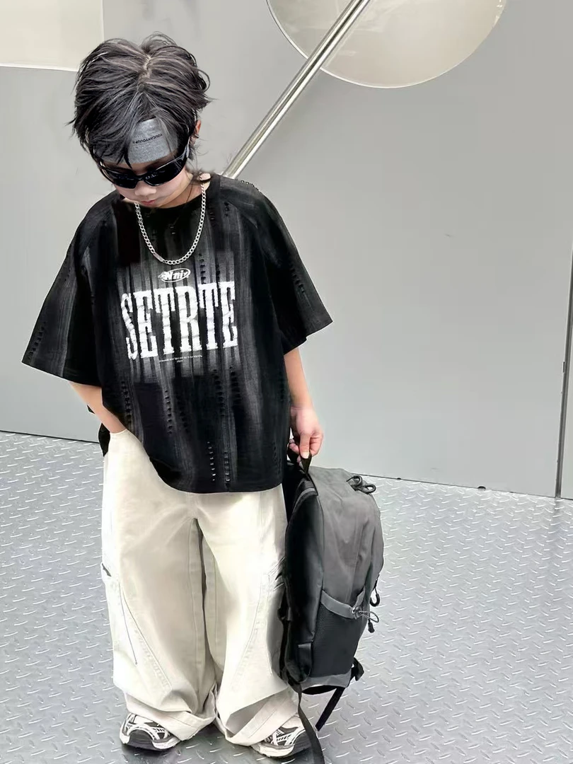 夏季儿童高级感破洞时尚短袖黑色韩版潮流