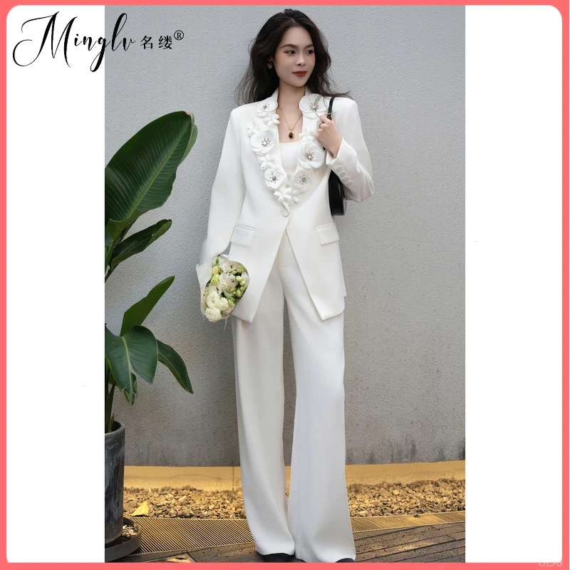 名缕品牌设计感套装女秋冬气质御姐时尚立体花朵西服长裤职业两件