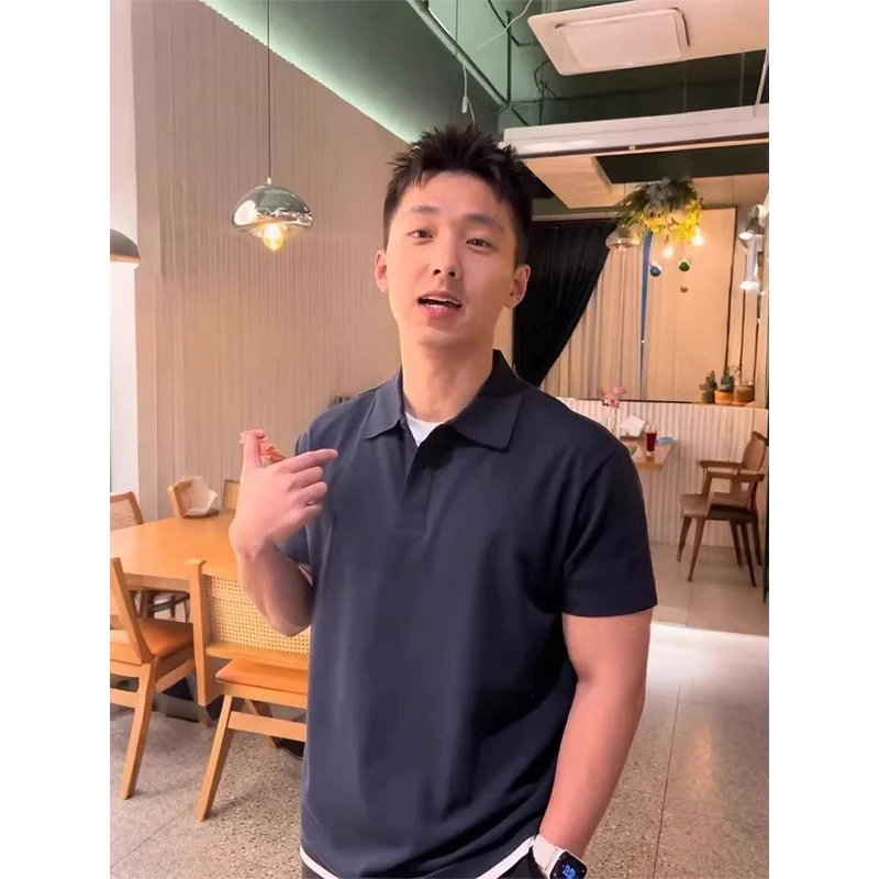 藏青色假两件短袖男款夏季polo衫翻领美式复古t恤重磅正肩五分袖