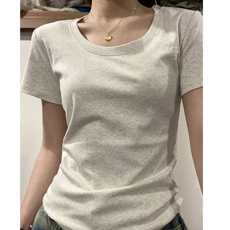 小众辣妹正肩圆领短袖T恤女春夏基础款简约内搭收腰显瘦打底上衣