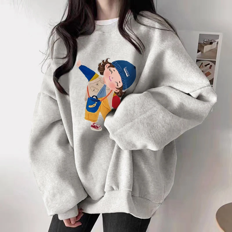 灰色卡通圆领卫衣女2025新款秋冬爆款宽松加绒加厚慵懒风上衣外套