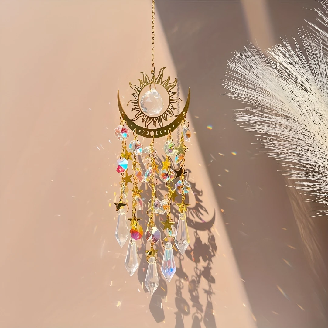 月亮太阳水晶挂件太阳捕手捕梦网闪闪发光立冬的太阳捕手晶体挂件