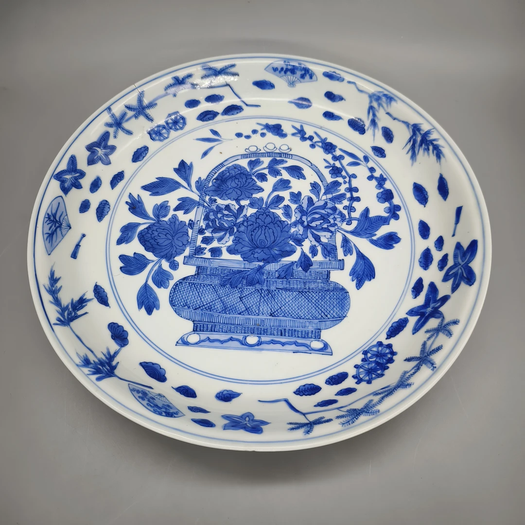 42501095*分链接4-1*明万历青花花篮纹大盘/瓷器四