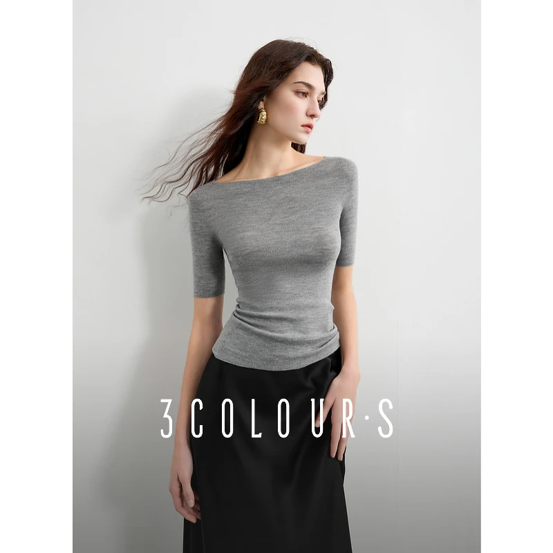 三彩2025春季新款修身短款绵羊毛针织衫无缝一体一字领套头衫S