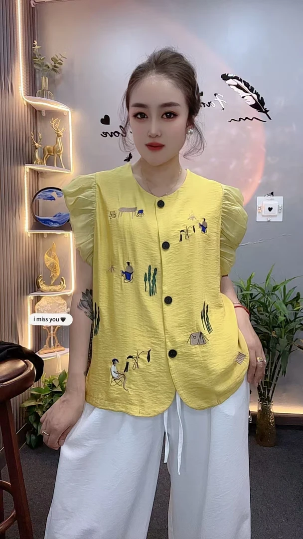 欧货5787新款时尚韩版民族风刺绣皱褶花苞袖开扣复古洋气宽松上衣