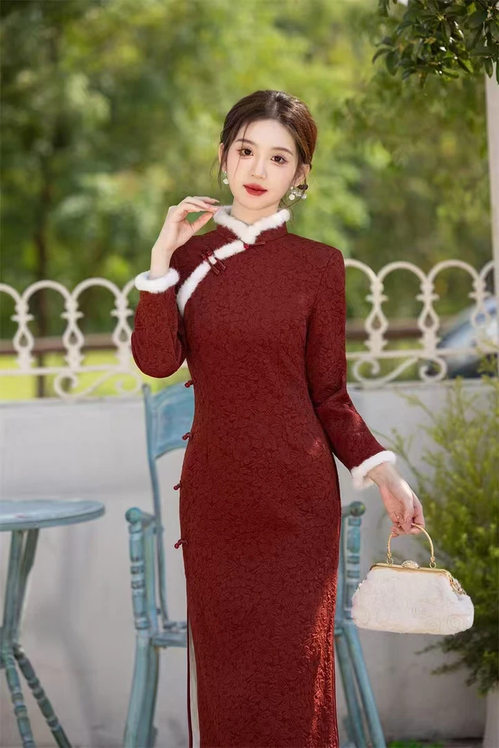 冬款-【朱颜】重工设计师款长款气质冬季复古风日常中国风显瘦旗袍