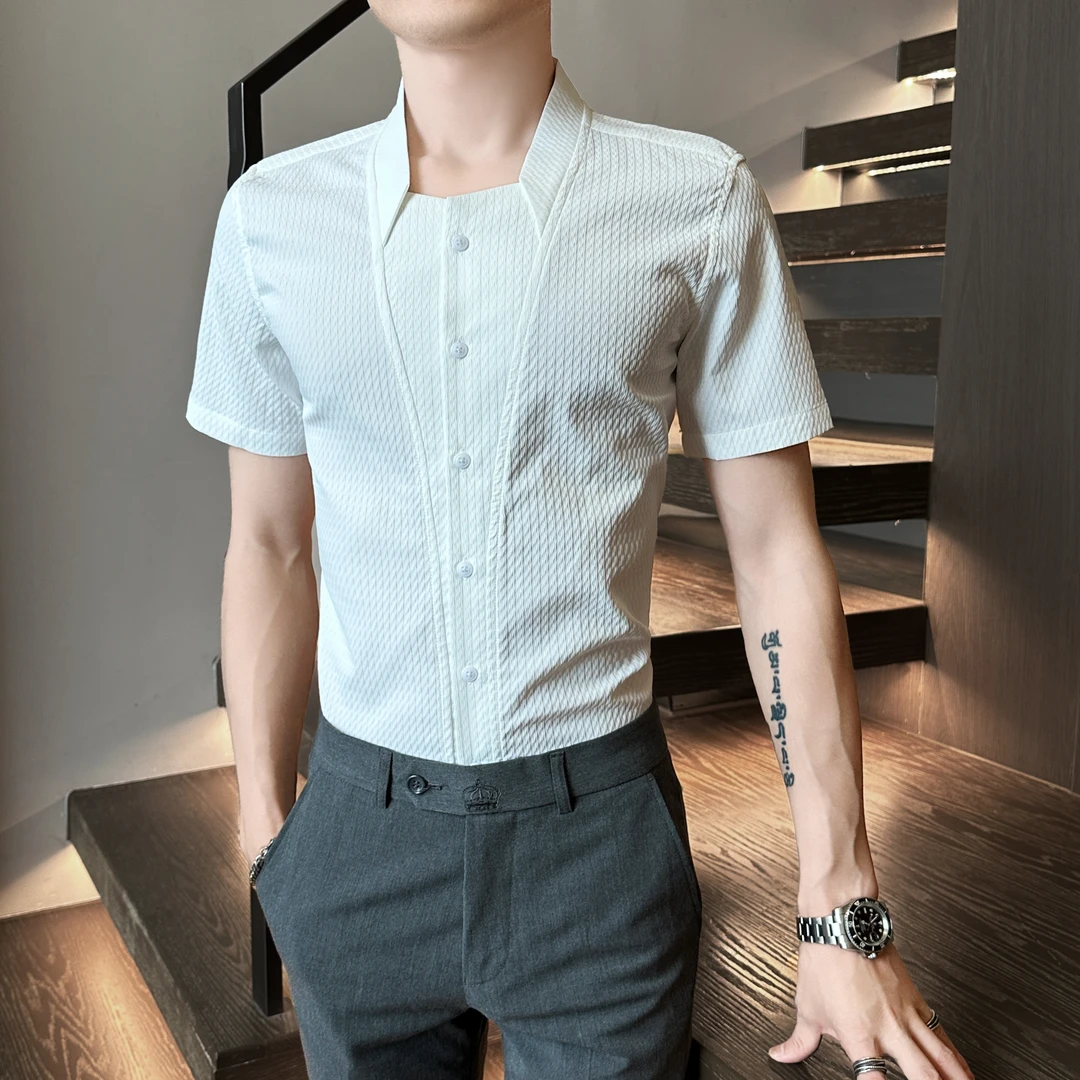 法式V领短袖衬衫男装夏季2025新款爆款高级感痞帅休闲薄款男衬衣