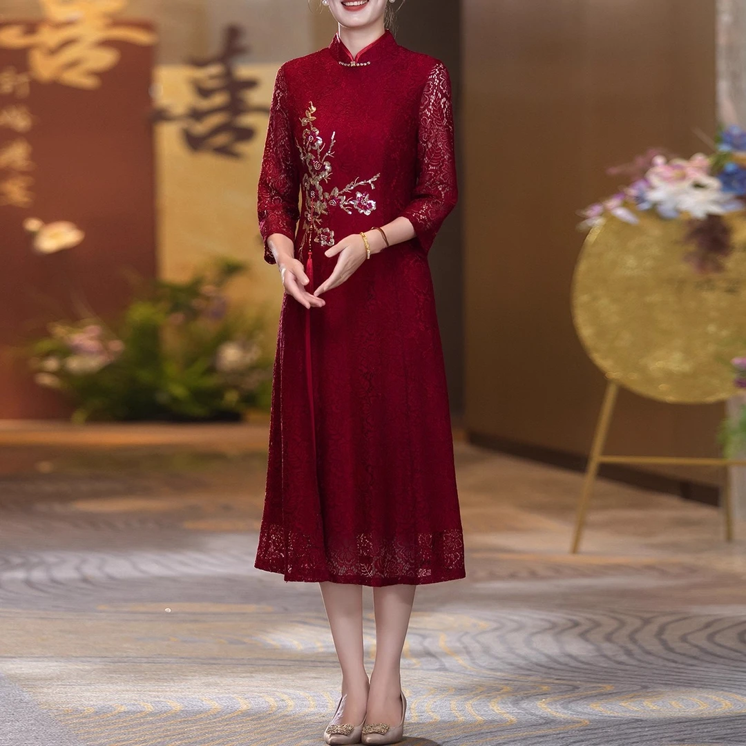 喜婆婆婚宴装礼服裙2025新款结婚旗袍年轻款酒红色连衣裙敬酒服女