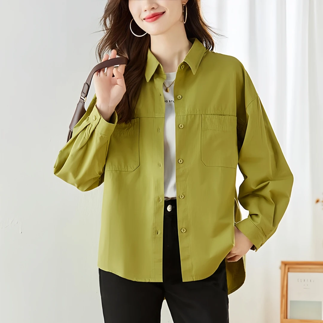 春夏新款纯棉潮流设计感女长袖衬衫纯色宽松时尚休闲百搭女上衣