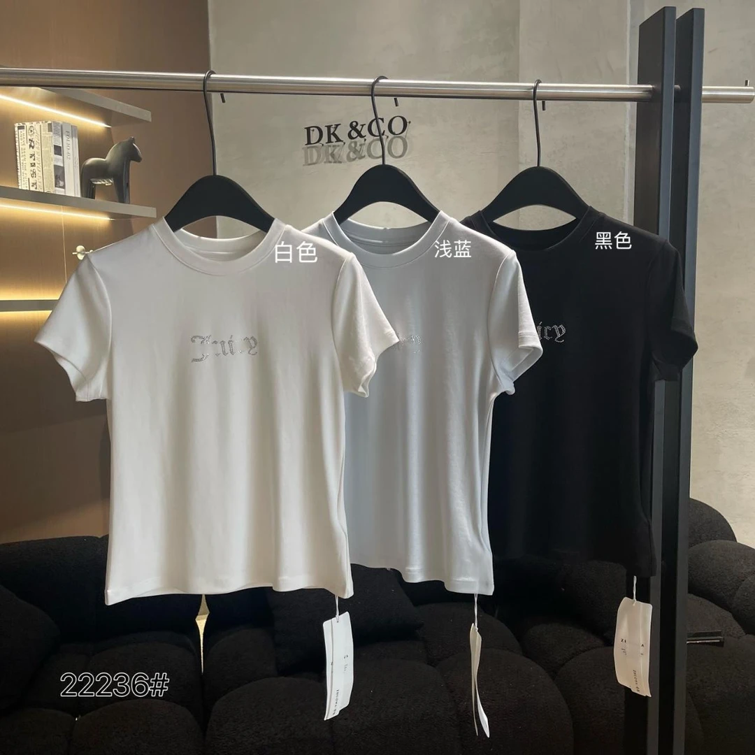 DH-设计感重工镶钻字母正肩短袖T恤22236