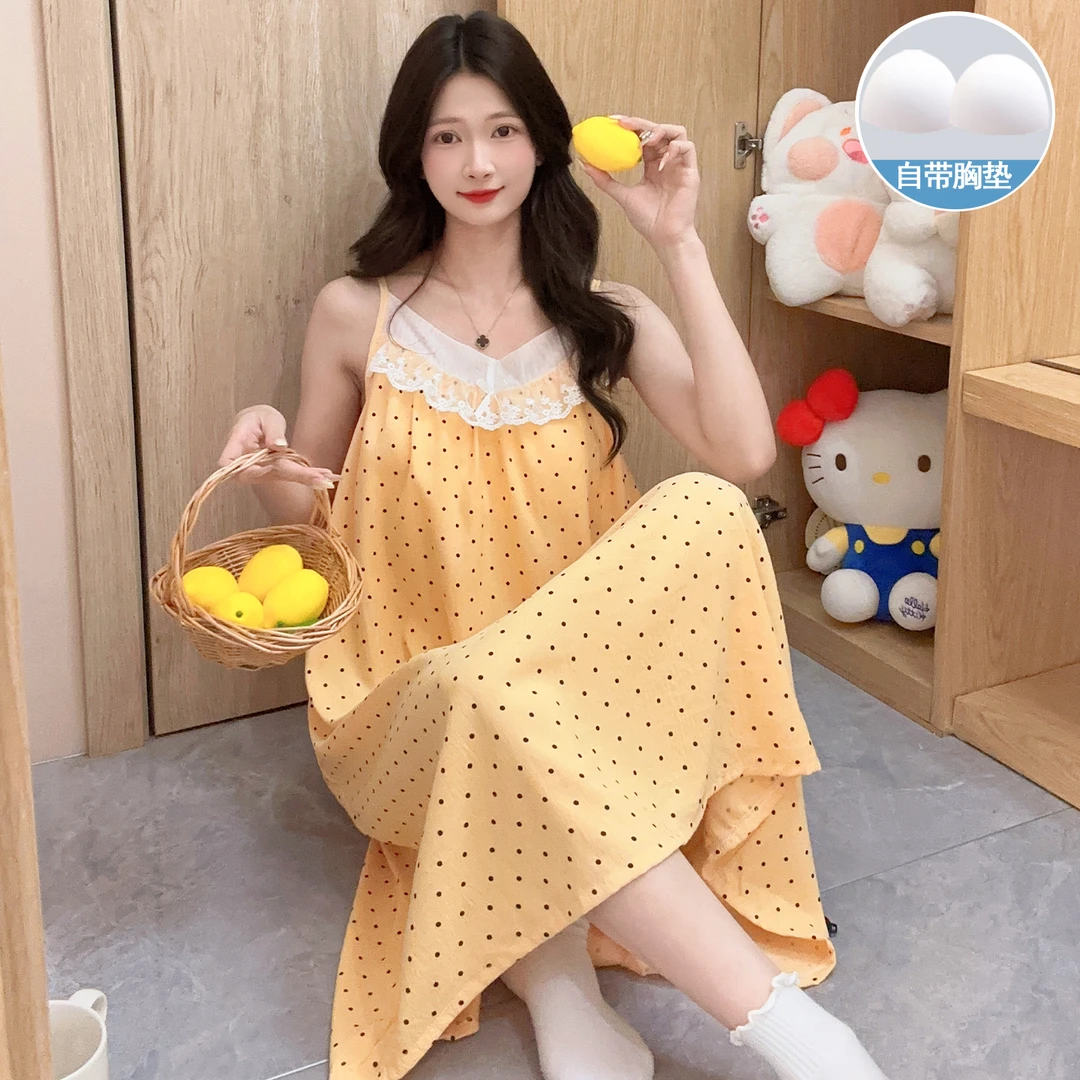 可外穿睡裙夏季睡衣女带胸垫甜美蕾丝少女吊带防凸点中长裙家居服